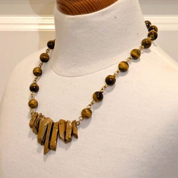 Handmade Genuine Tiger's Eye and Gold Painted Quartz Point Goldtone Necklace - Picture 6 of 6